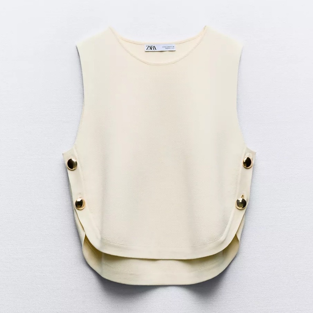 Zara Side Button Knit Vest Cream Sleeveless Top | Size Small